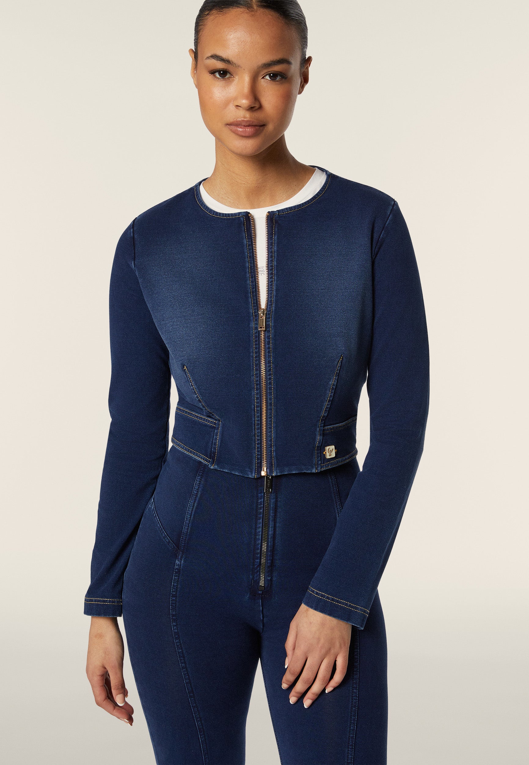 freddy-veste-courte-femme-zip-jersey-effet-denim image 1