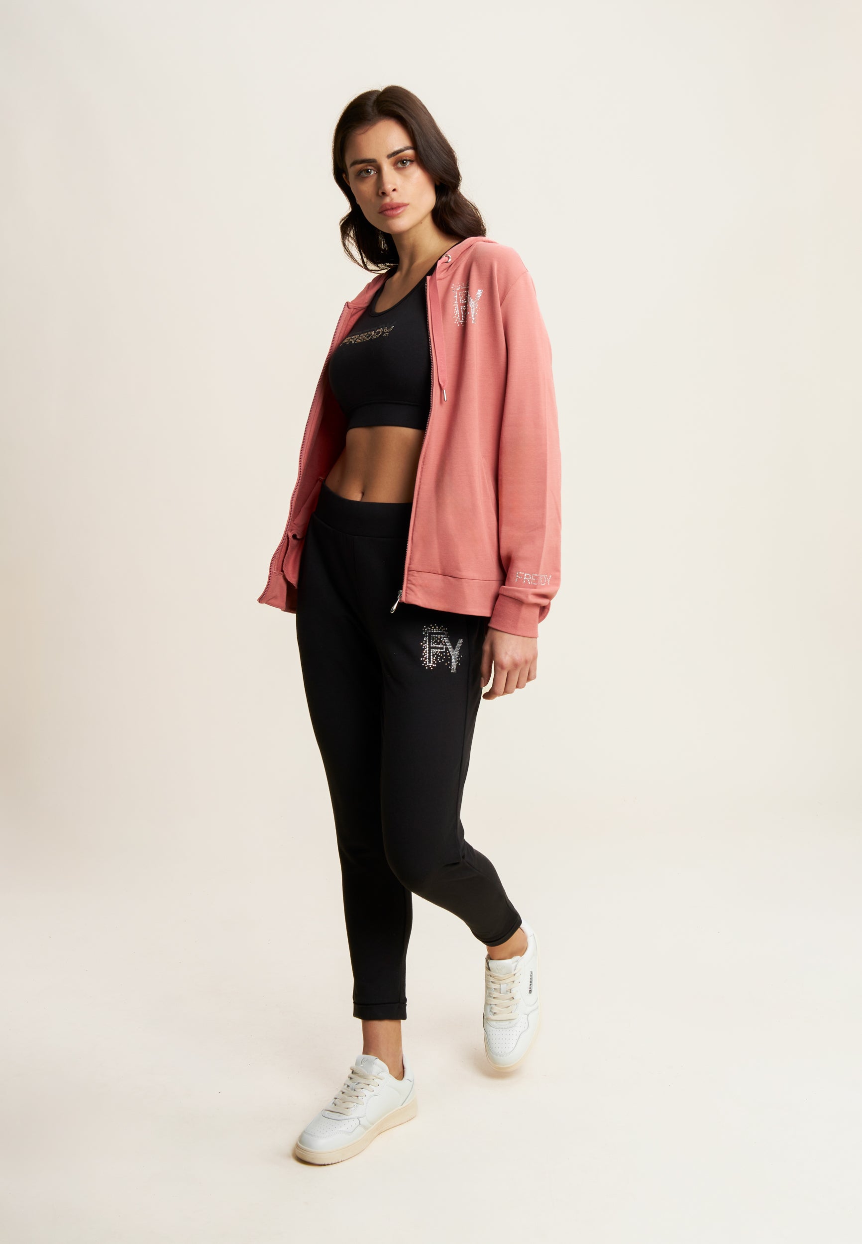 freddy-sweat-femme-capuche-zip-french-terry-modal-logo-strass image 2