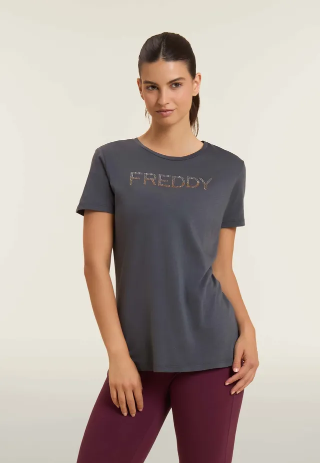 freddy-t-shirt-femme-jersey-coton-logo-strass-bicolore image 1