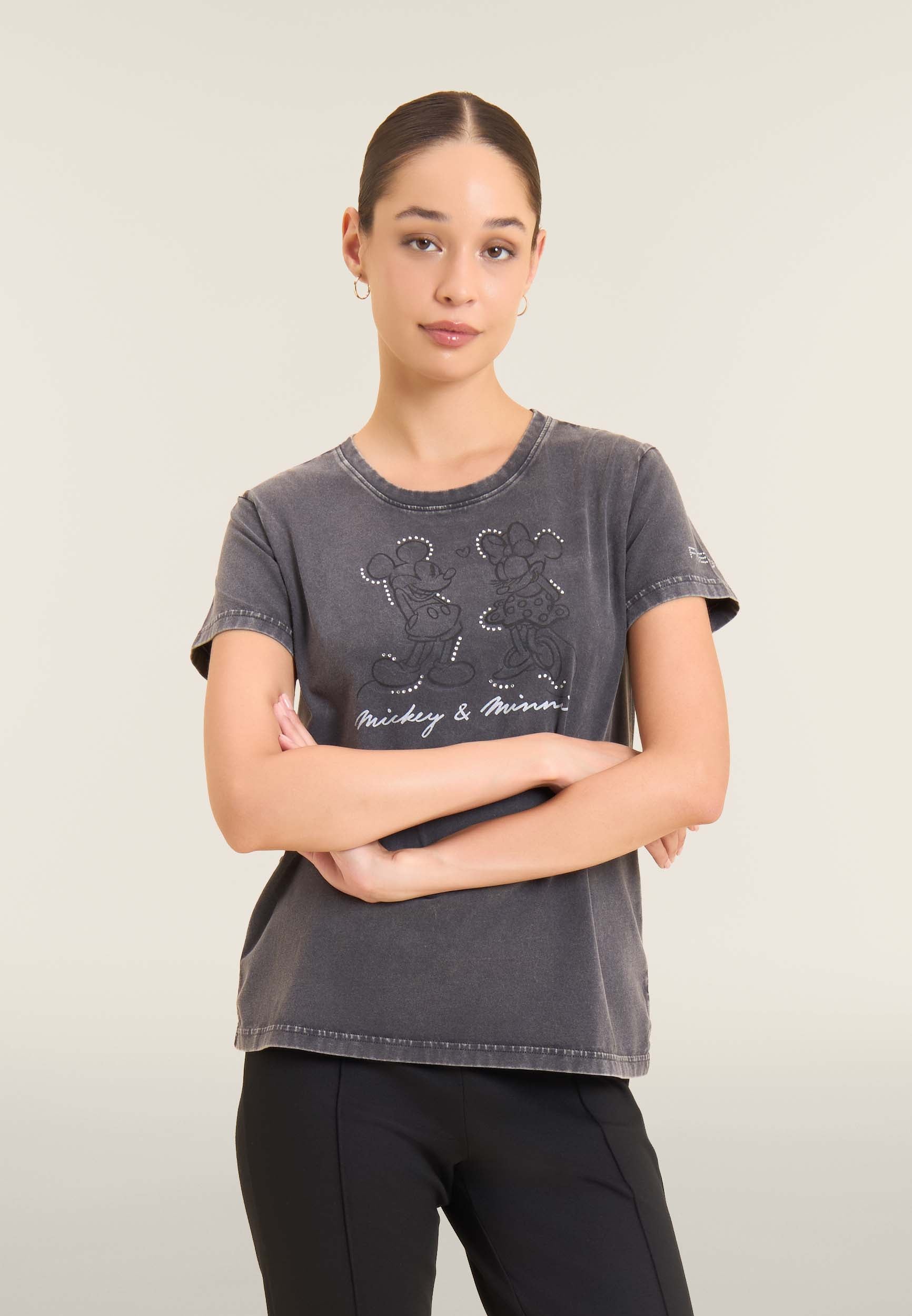 freddy-t-shirt-femme-disney-mickey-minnie-strass-acid-wash image 1