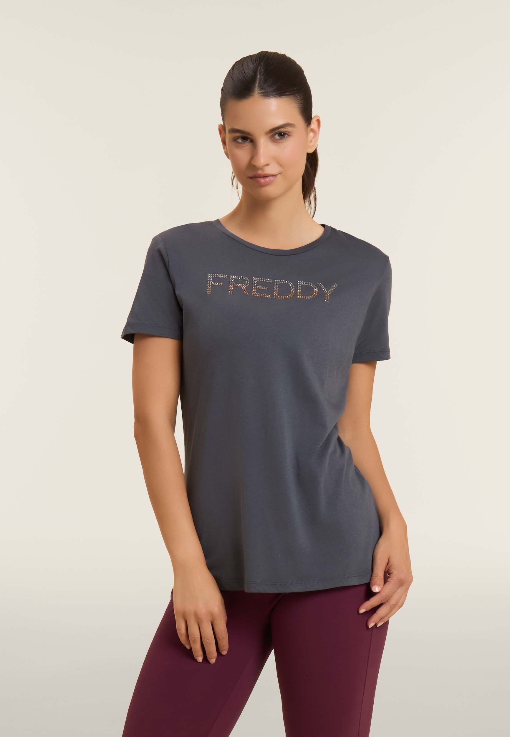 freddy-t-shirt-femme-jersey-coton-logo-strass-bicolore image 1
