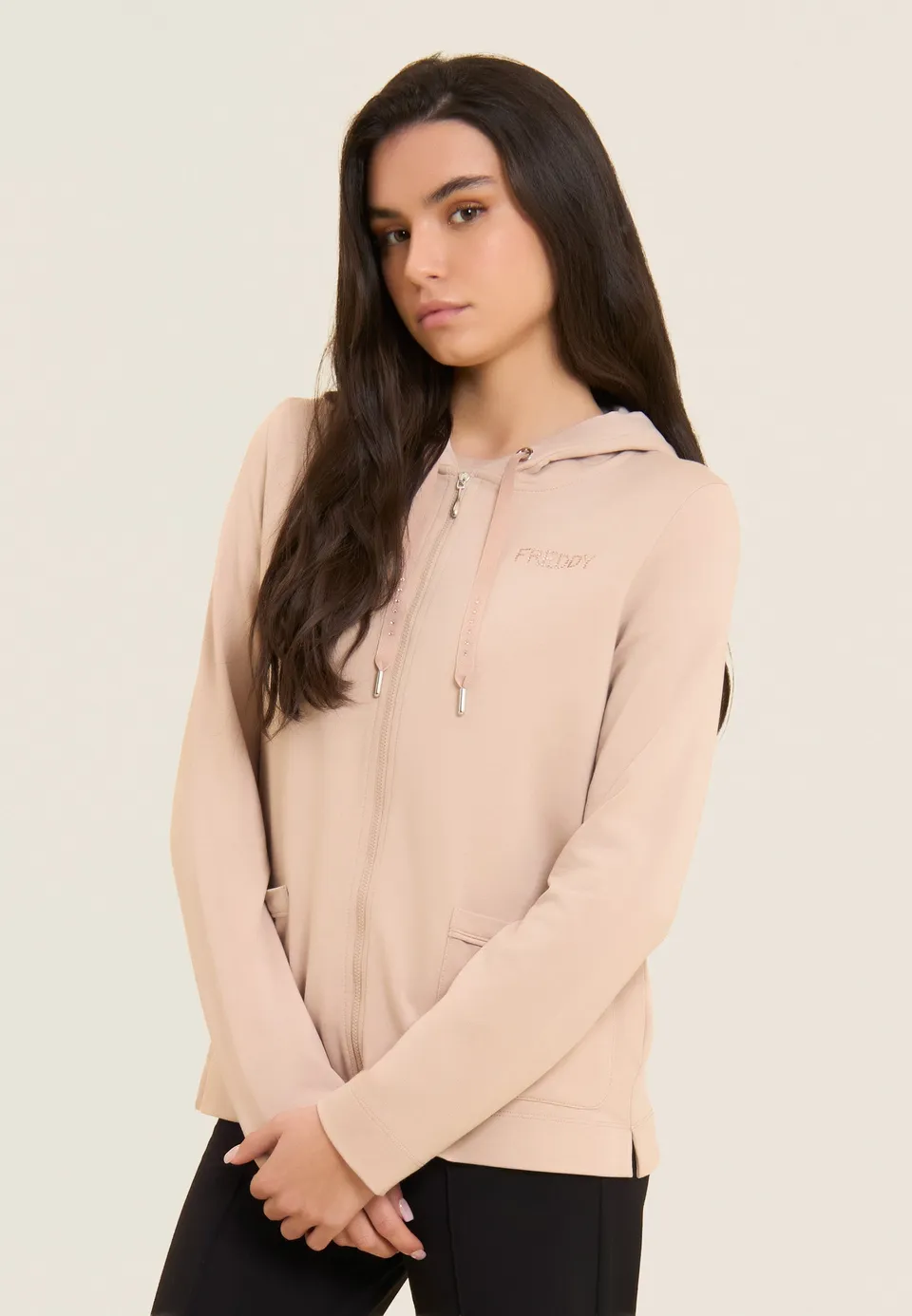 freddy-sweat-zipp-capuche-strass-et-insert-effet-soie image 1