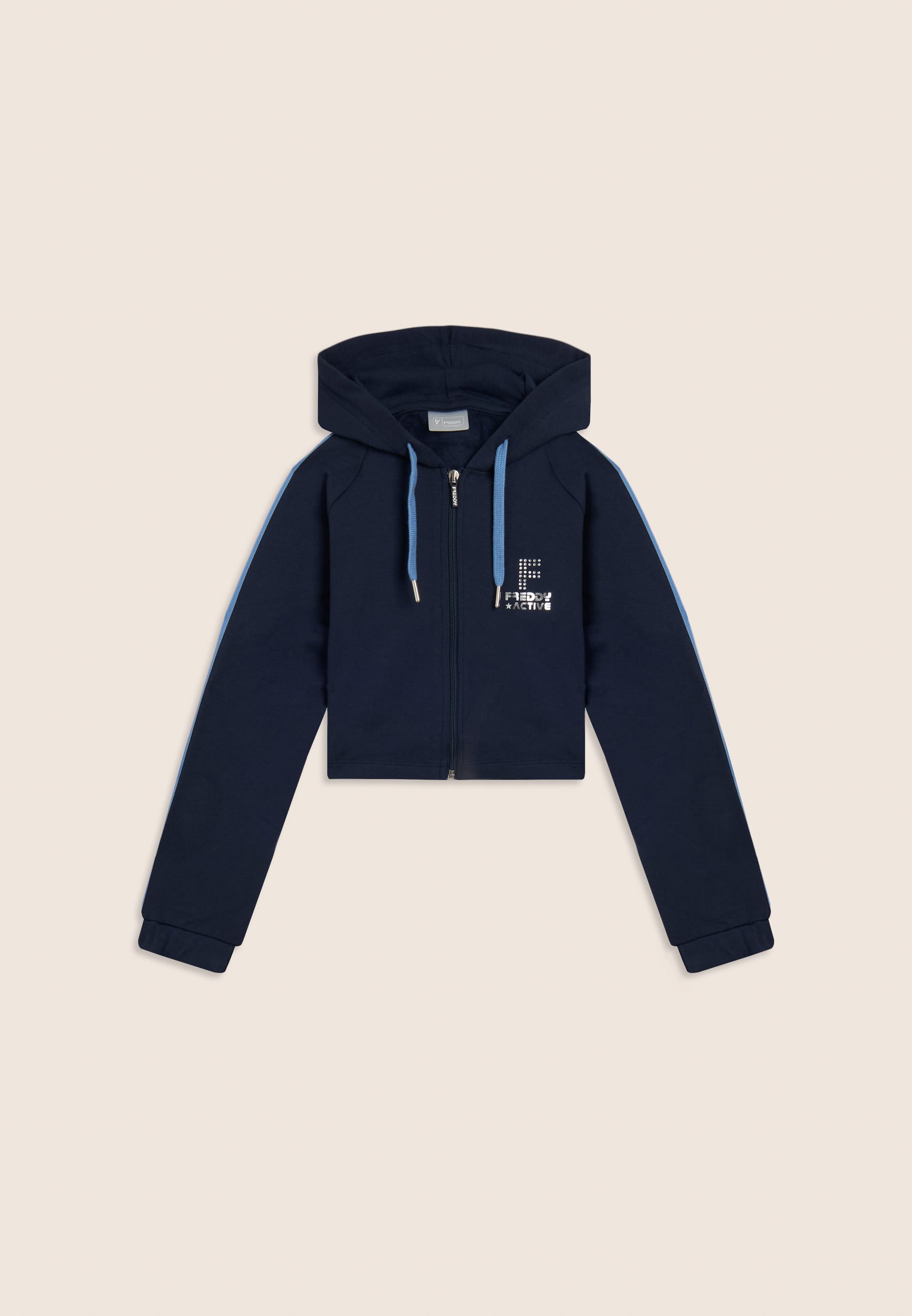 freddy-sweat-court-fille-capuche-zip-bandes-argent image 2