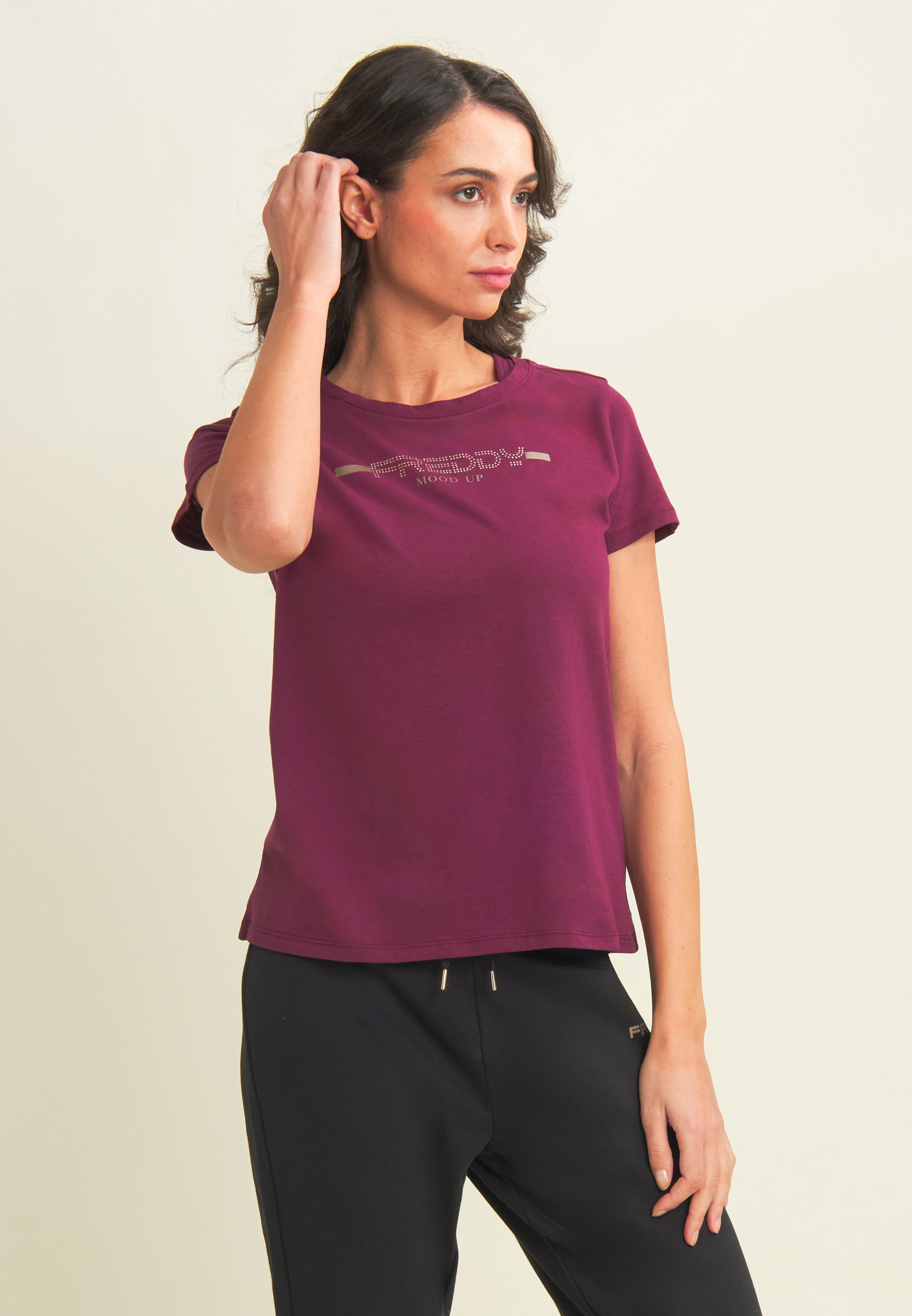 freddy-t-shirt-femme-strass-bande-logot-e-jersey-coton-supima image 1