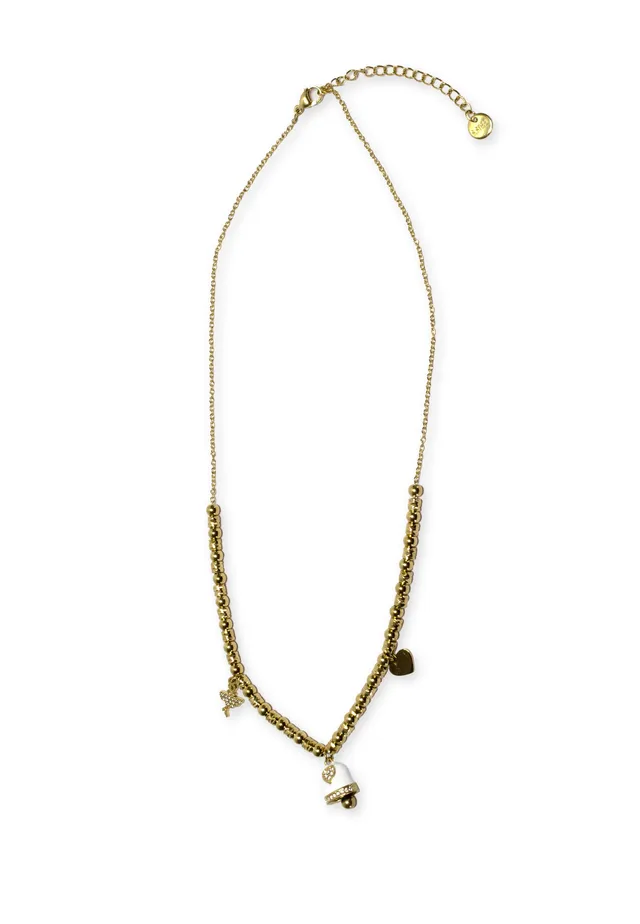 freddy-collier-acier-dor-perles-avec-charms-blanc-et-strass image 1