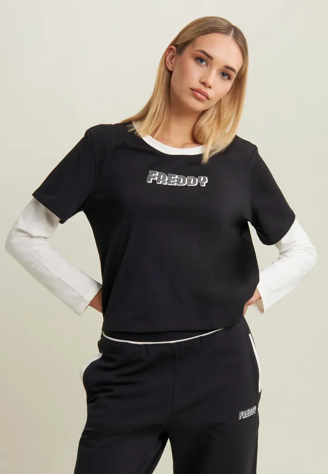 freddy-t-shirt-femme-cropped-2-en-1-bicolore-manches-doubles image 1