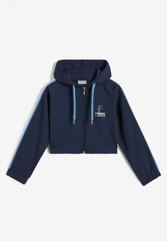 freddy-sweat-court-fille-capuche-zip-bandes-argent image 1