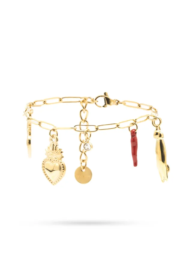 freddy-bracelet-cha-ne-acier-dor-pendentifs-porte-bonheur image 1